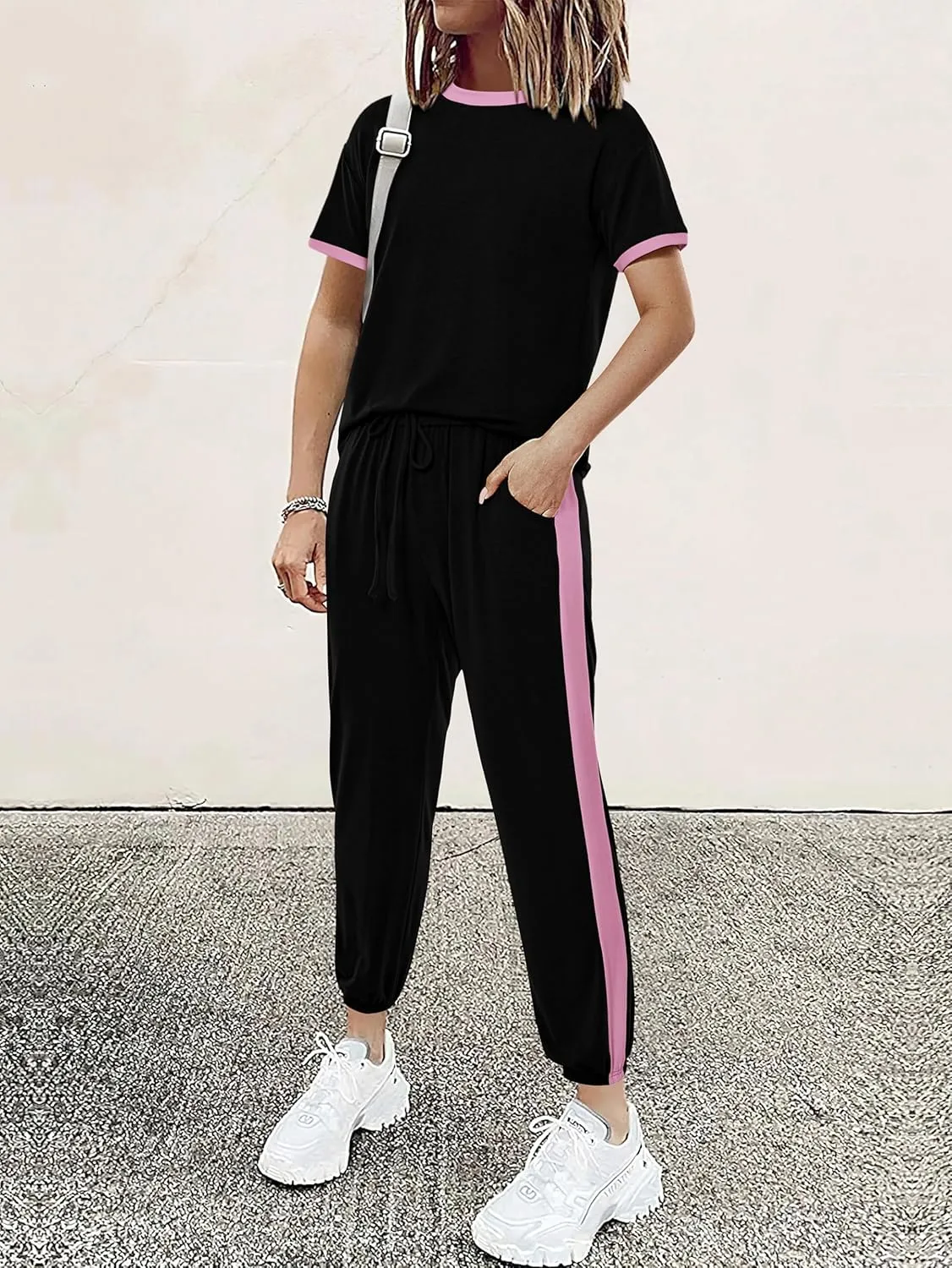 MASCOMODA Womens 2 Piece Outfits 2025 Summer Tracksuit Sets Short Sleeve Tops Travel Long Pants Jogger Lounge Set