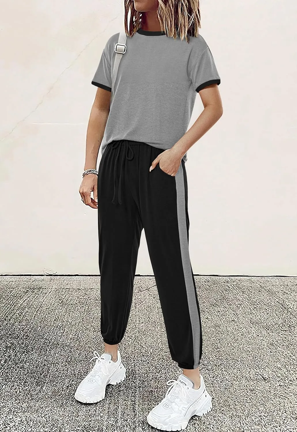 MASCOMODA Womens 2 Piece Outfits 2025 Summer Tracksuit Sets Short Sleeve Tops Travel Long Pants Jogger Lounge Set