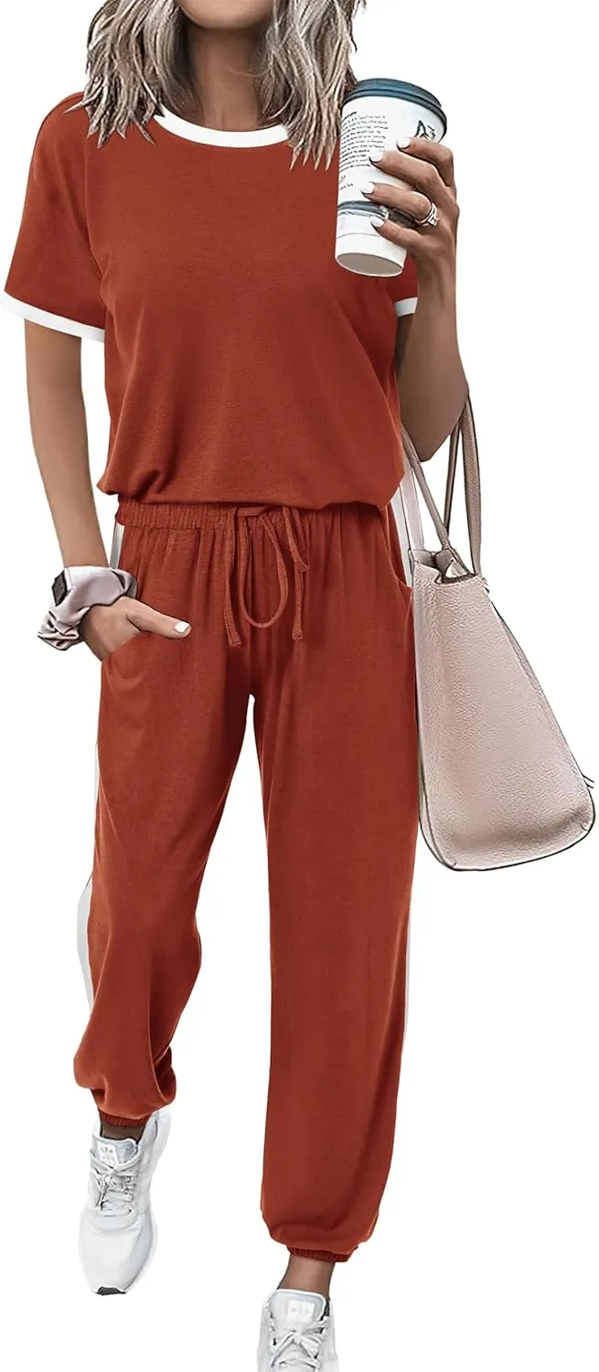 MASCOMODA Womens 2 Piece Outfits 2025 Summer Tracksuit Sets Short Sleeve Tops Travel Long Pants Jogger Lounge Set
