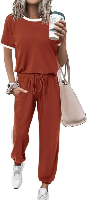 MASCOMODA Womens 2 Piece Outfits 2025 Summer Tracksuit Sets Short Sleeve Tops Travel Long Pants Jogger Lounge Set