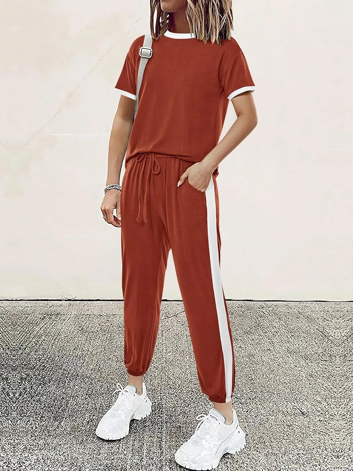 MASCOMODA Womens 2 Piece Outfits 2025 Summer Tracksuit Sets Short Sleeve Tops Travel Long Pants Jogger Lounge Set