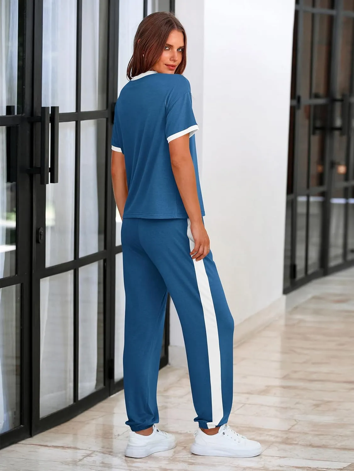 MASCOMODA Womens 2 Piece Outfits 2025 Summer Tracksuit Sets Short Sleeve Tops Travel Long Pants Jogger Lounge Set