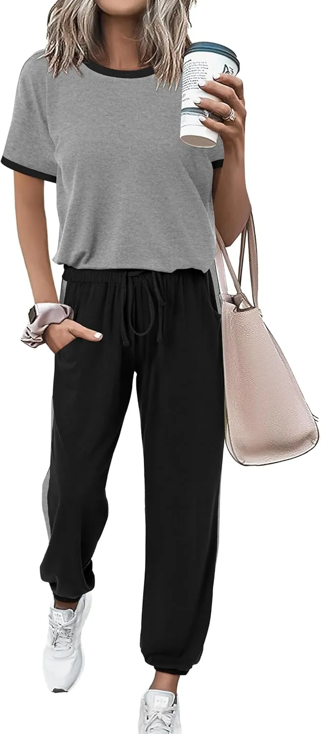 MASCOMODA Womens 2 Piece Outfits 2025 Summer Tracksuit Sets Short Sleeve Tops Travel Long Pants Jogger Lounge Set