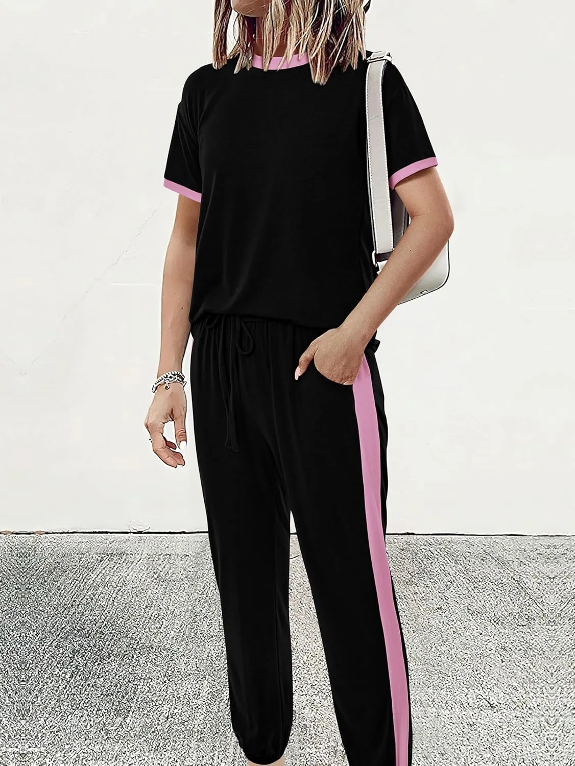MASCOMODA Womens 2 Piece Outfits 2025 Summer Tracksuit Sets Short Sleeve Tops Travel Long Pants Jogger Lounge Set