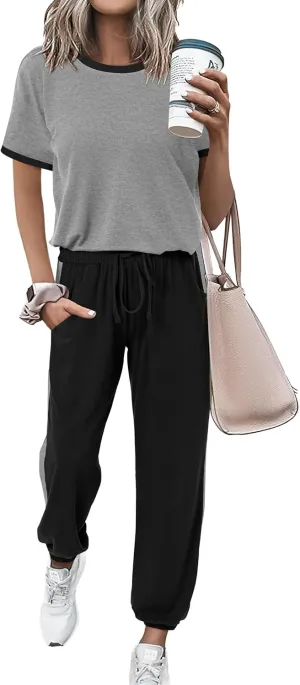 MASCOMODA Womens 2 Piece Outfits 2025 Summer Tracksuit Sets Short Sleeve Tops Travel Long Pants Jogger Lounge Set