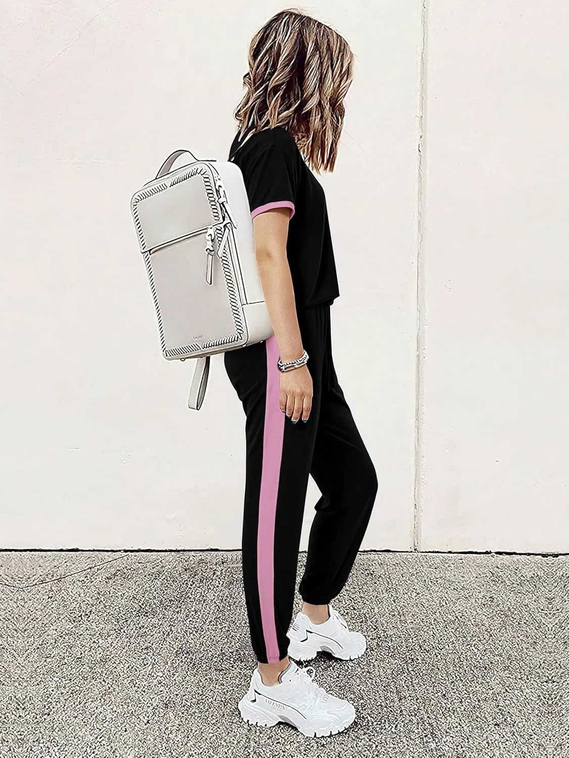 MASCOMODA Womens 2 Piece Outfits 2025 Summer Tracksuit Sets Short Sleeve Tops Travel Long Pants Jogger Lounge Set