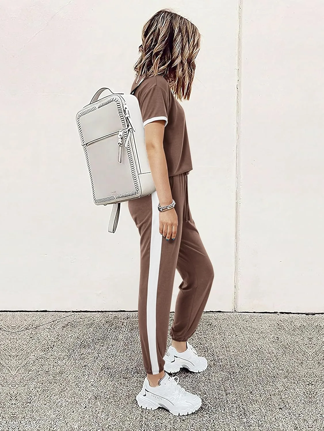 MASCOMODA Womens 2 Piece Outfits 2025 Summer Tracksuit Sets Short Sleeve Tops Travel Long Pants Jogger Lounge Set
