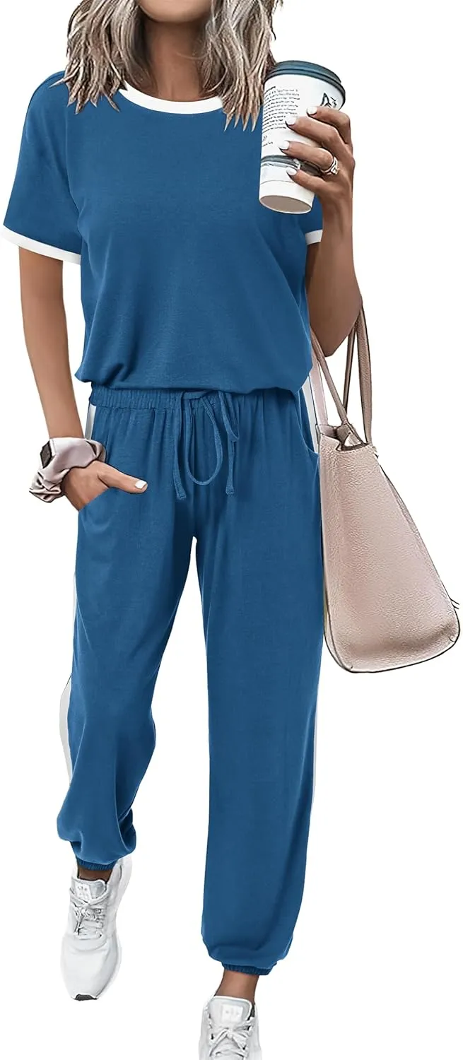 MASCOMODA Womens 2 Piece Outfits 2025 Summer Tracksuit Sets Short Sleeve Tops Travel Long Pants Jogger Lounge Set