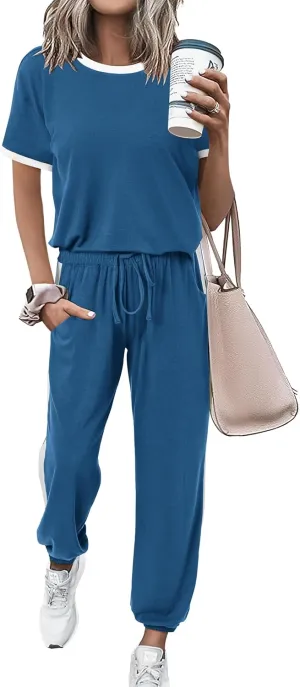MASCOMODA Womens 2 Piece Outfits 2025 Summer Tracksuit Sets Short Sleeve Tops Travel Long Pants Jogger Lounge Set