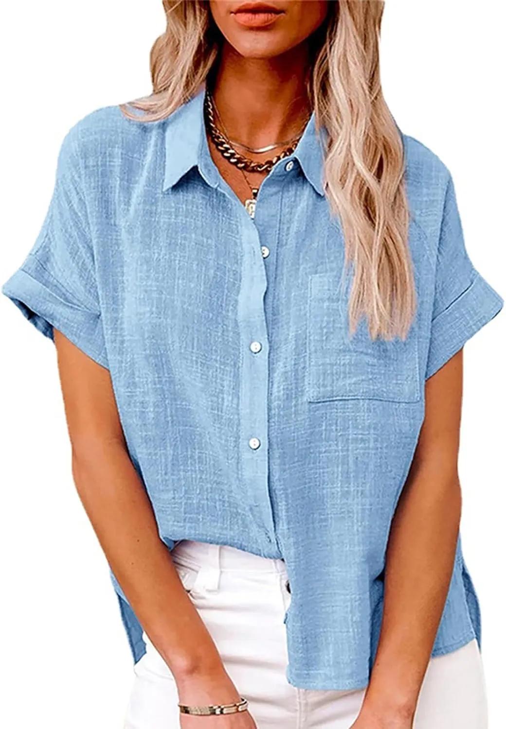 Mayntop Cotton Linen Shirts for Women Solid Color Oversized Button-Down Collar Loose Top T-Shirt Tee Shirt Blouse