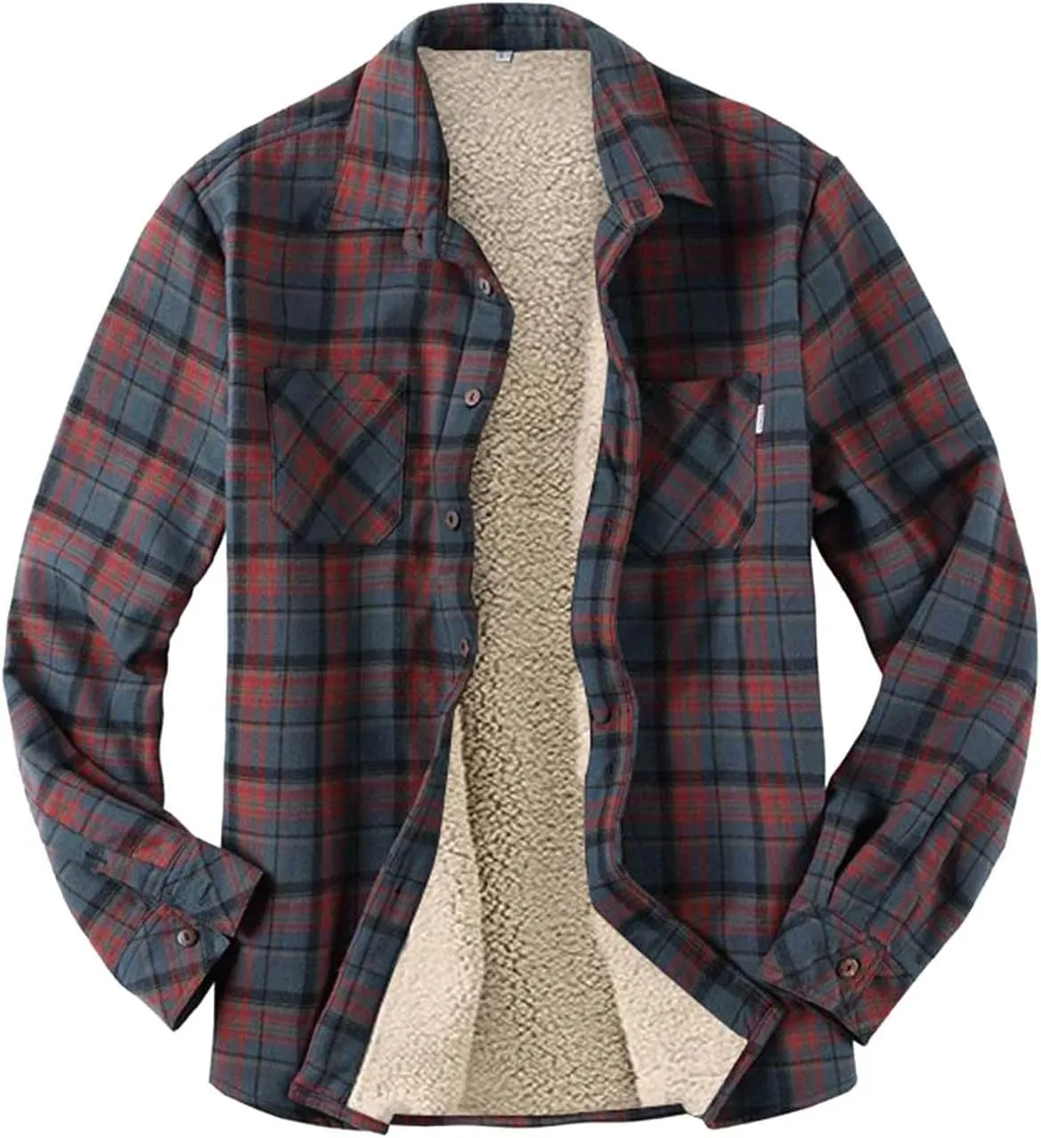 Men Fleece Lined Plaid Jackets Button Down Collared Shirts Slim Fit Fannel Jacket with Pockets Heavyweight Jackets