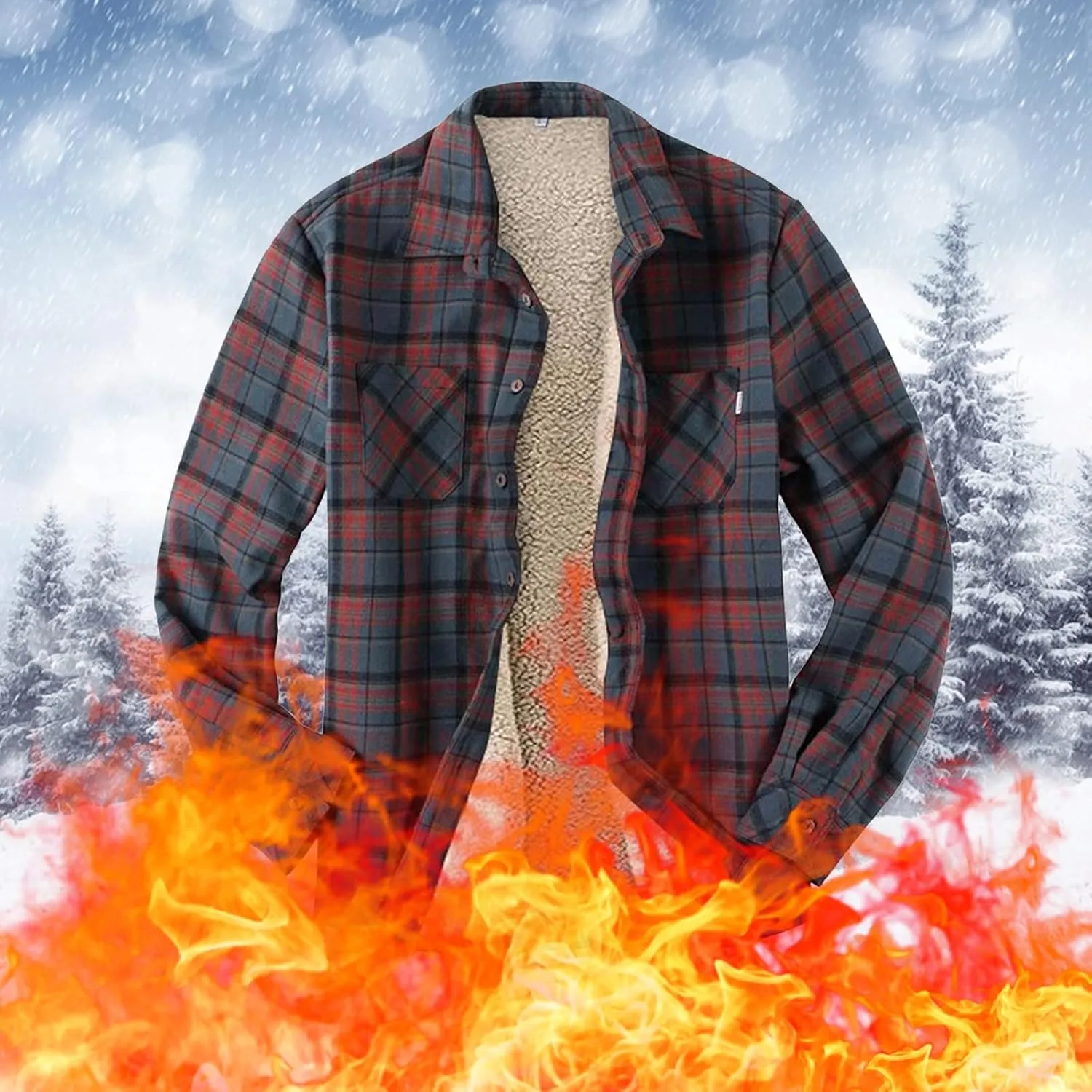 Men Fleece Lined Plaid Jackets Button Down Collared Shirts Slim Fit Fannel Jacket with Pockets Heavyweight Jackets