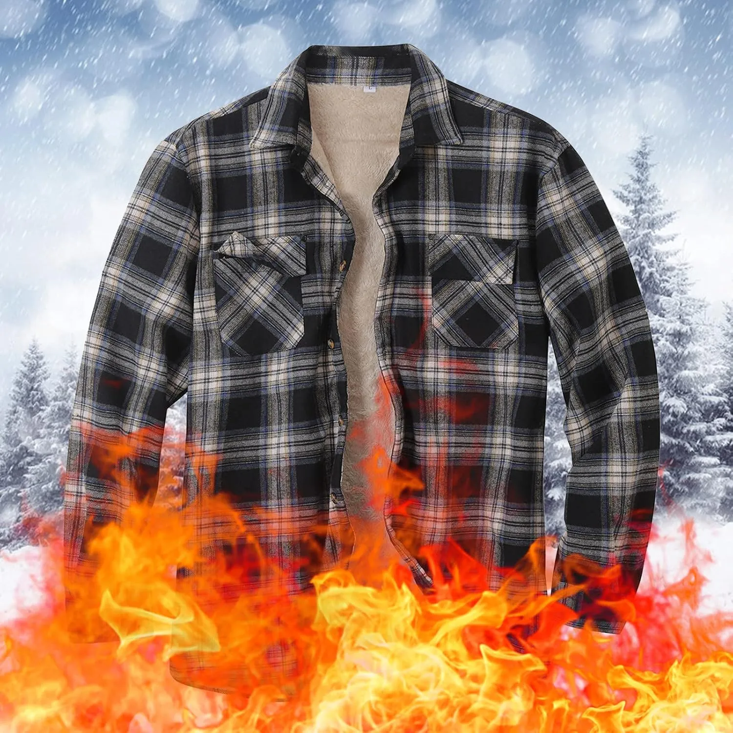 Men Fleece Lined Plaid Jackets Button Down Collared Shirts Slim Fit Fannel Jacket with Pockets Heavyweight Jackets