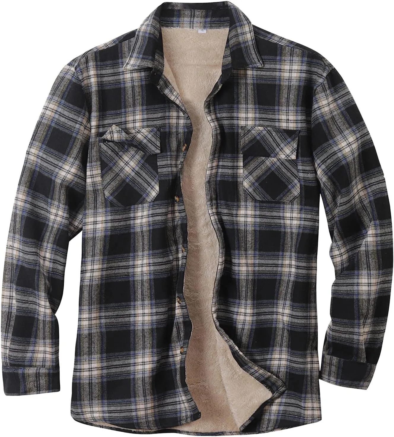 Men Fleece Lined Plaid Jackets Button Down Collared Shirts Slim Fit Fannel Jacket with Pockets Heavyweight Jackets