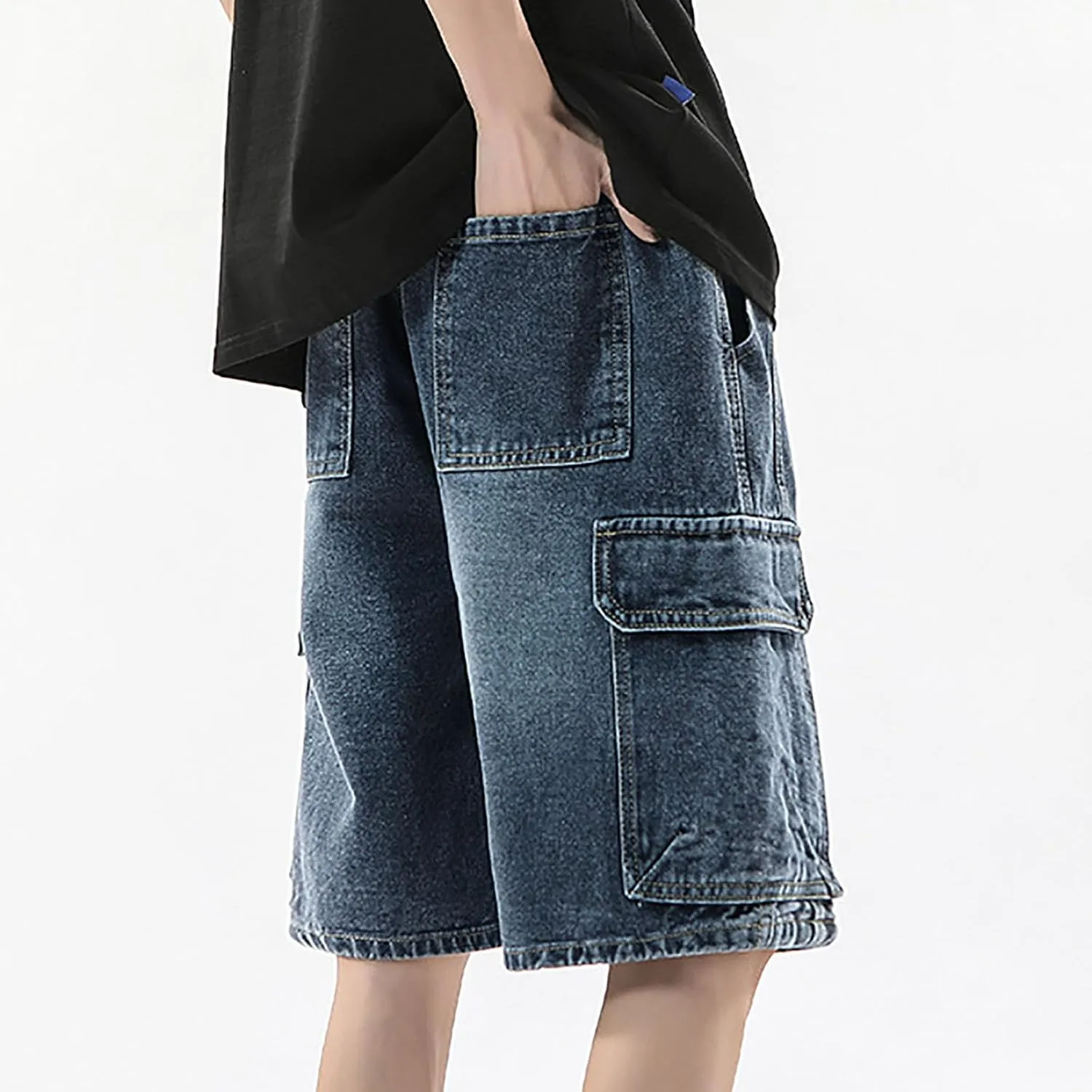 Men Y2K Grunge Baggy Jean Shorts Casual Summer Hip Hop Mid Loose Denim Shorts Streetwear