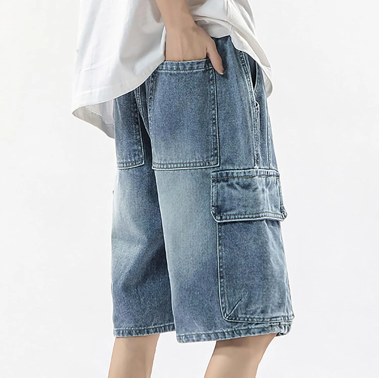 Men Y2K Grunge Baggy Jean Shorts Casual Summer Hip Hop Mid Loose Denim Shorts Streetwear