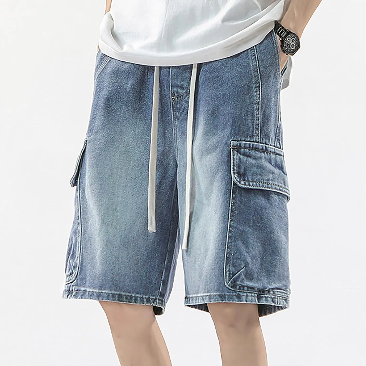 Men Y2K Grunge Baggy Jean Shorts Casual Summer Hip Hop Mid Loose Denim Shorts Streetwear