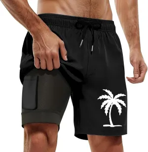 Men's Board Shorts 2025 Summer Tropical Print Drawstring Swim Trunks with Compression Liner Comfy Quick Dry Stretch Swimwear