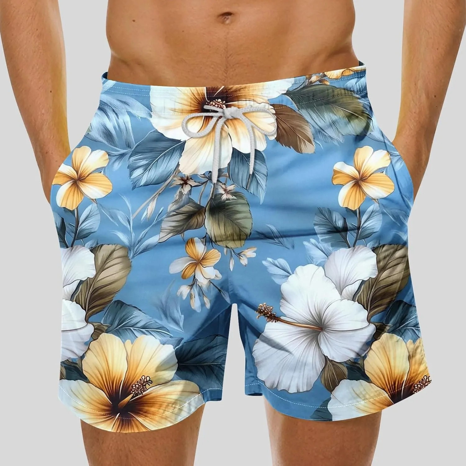Mens Board Shorts Swimwear Summer Beach Hawaii Graphic Stretch Swim Trunks Elastic Drawstring Waist Bermuda Shorts
