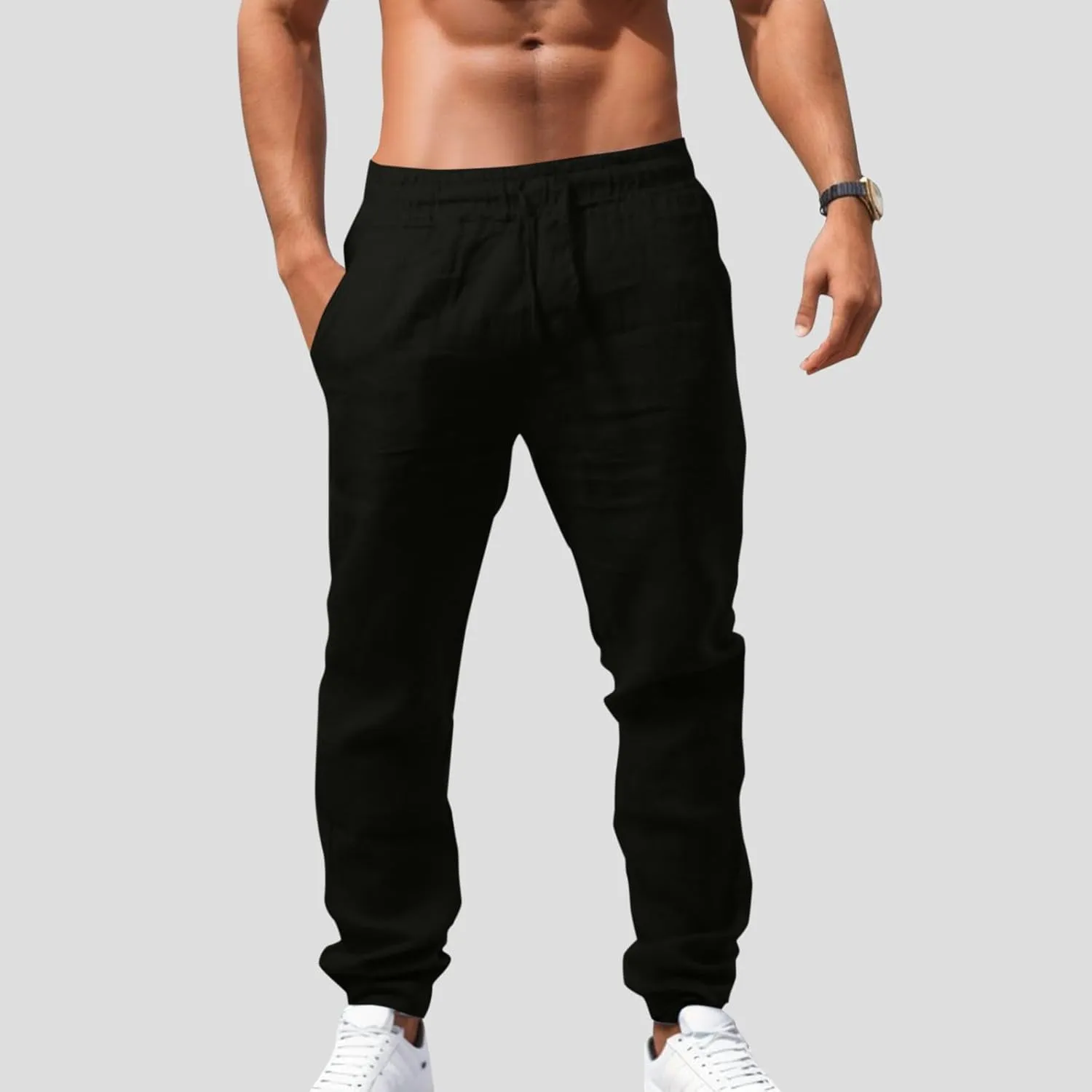 Men's Cargo Combat Pants Casual Linen Drawstring Waist Pant Open Hem Sweatpants Joggers Athletic Jogger