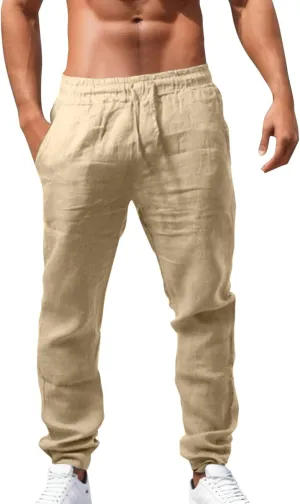 Men's Cargo Combat Pants Casual Linen Drawstring Waist Pant Open Hem Sweatpants Joggers Athletic Jogger