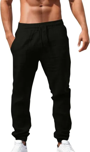 Men's Cargo Combat Pants Casual Linen Drawstring Waist Pant Open Hem Sweatpants Joggers Athletic Jogger