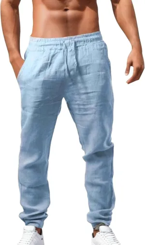 Men's Cargo Combat Pants Casual Linen Drawstring Waist Pant Open Hem Sweatpants Joggers Athletic Jogger