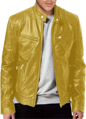 Mens Faux Leather Moto Jacket Vintage Stand Collar Motorcycle Bomber Jacket Motorcycle Riding Jacket with Pockets