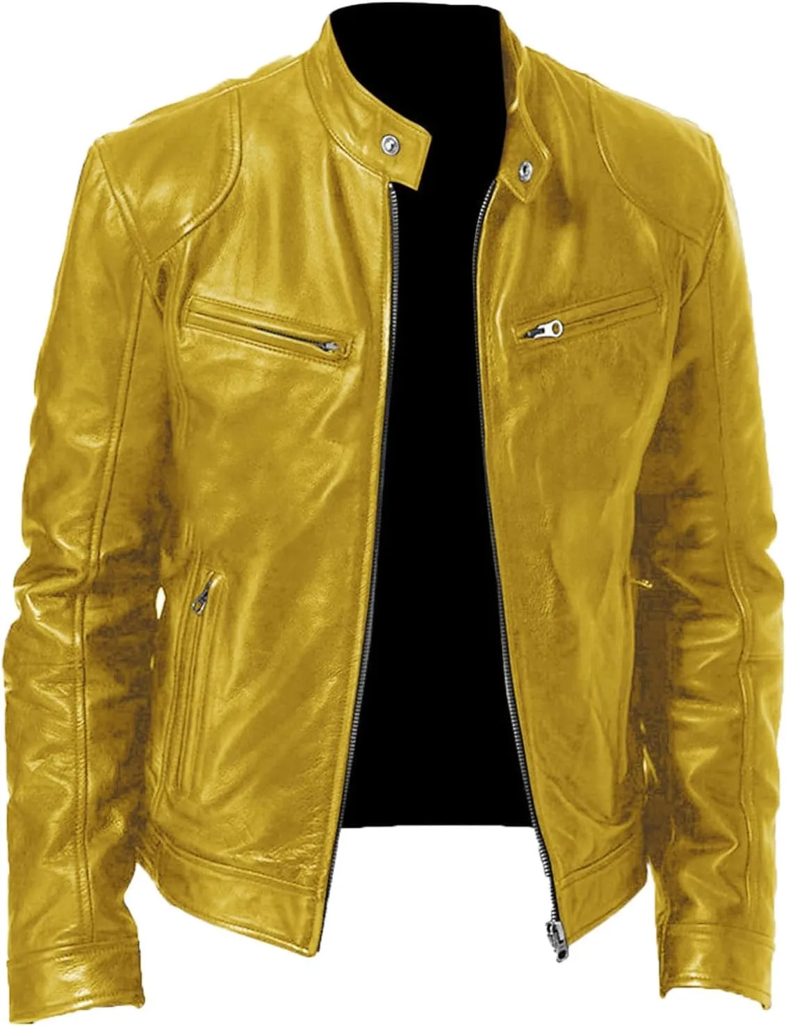 Mens Faux Leather Moto Jacket Vintage Stand Collar Motorcycle Bomber Jacket Motorcycle Riding Jacket with Pockets
