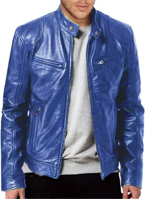 Mens Faux Leather Moto Jacket Vintage Stand Collar Motorcycle Bomber Jacket Motorcycle Riding Jacket with Pockets