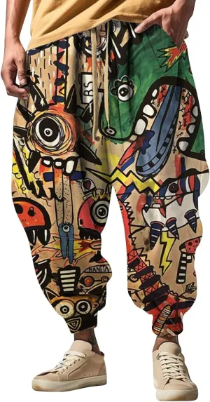 Mens Funky Print Hip Hop Harem Yoga Pants Big and Tall Casual Lounge Pants Elastic Waist Drop Crotch Hippie Trousers