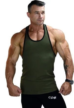 Men's Muscle Workout T-Shirt Gym Fitness Tank Training Top in Army Green with Black Trim