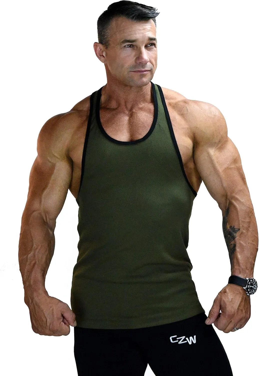 Men's Muscle Workout T-Shirt Gym Fitness Tank Training Top in Army Green with Black Trim