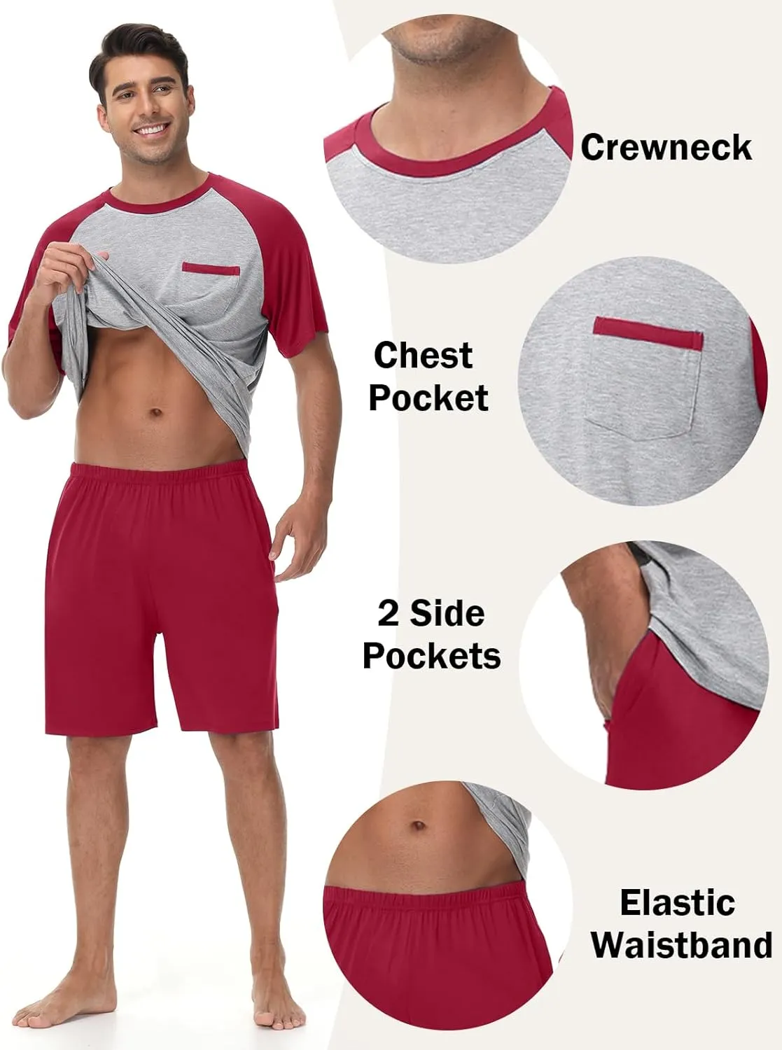 Mens Pajamas Set Summer Soft Pajama Short Set Lightweight Pjs Sleepwear 2 Piece Lounge Set With Pockets S-3XL