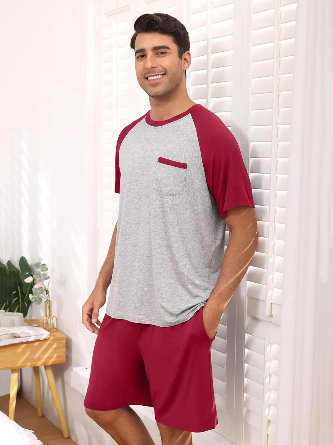 Mens Pajamas Set Summer Soft Pajama Short Set Lightweight Pjs Sleepwear 2 Piece Lounge Set With Pockets S-3XL