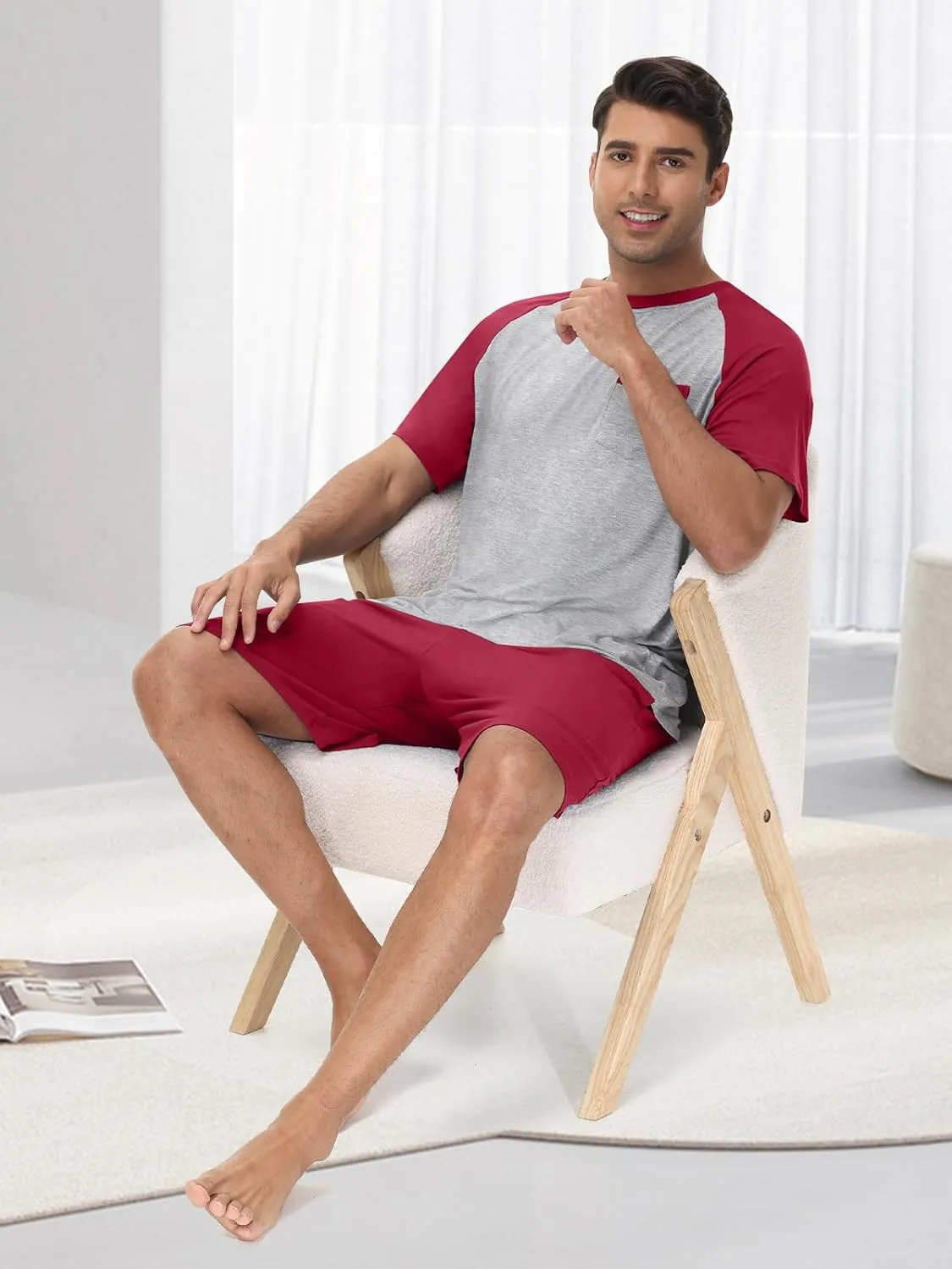 Mens Pajamas Set Summer Soft Pajama Short Set Lightweight Pjs Sleepwear 2 Piece Lounge Set With Pockets S-3XL