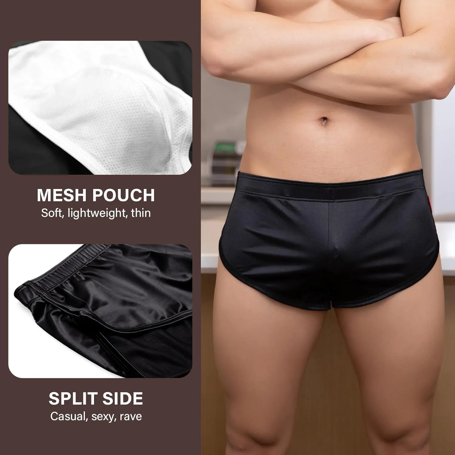Mens Satin Boxer Briefs Silk Boxers with Pouch Lounge Shorts Split Side Pajama Bottoms Running Sweatshorts