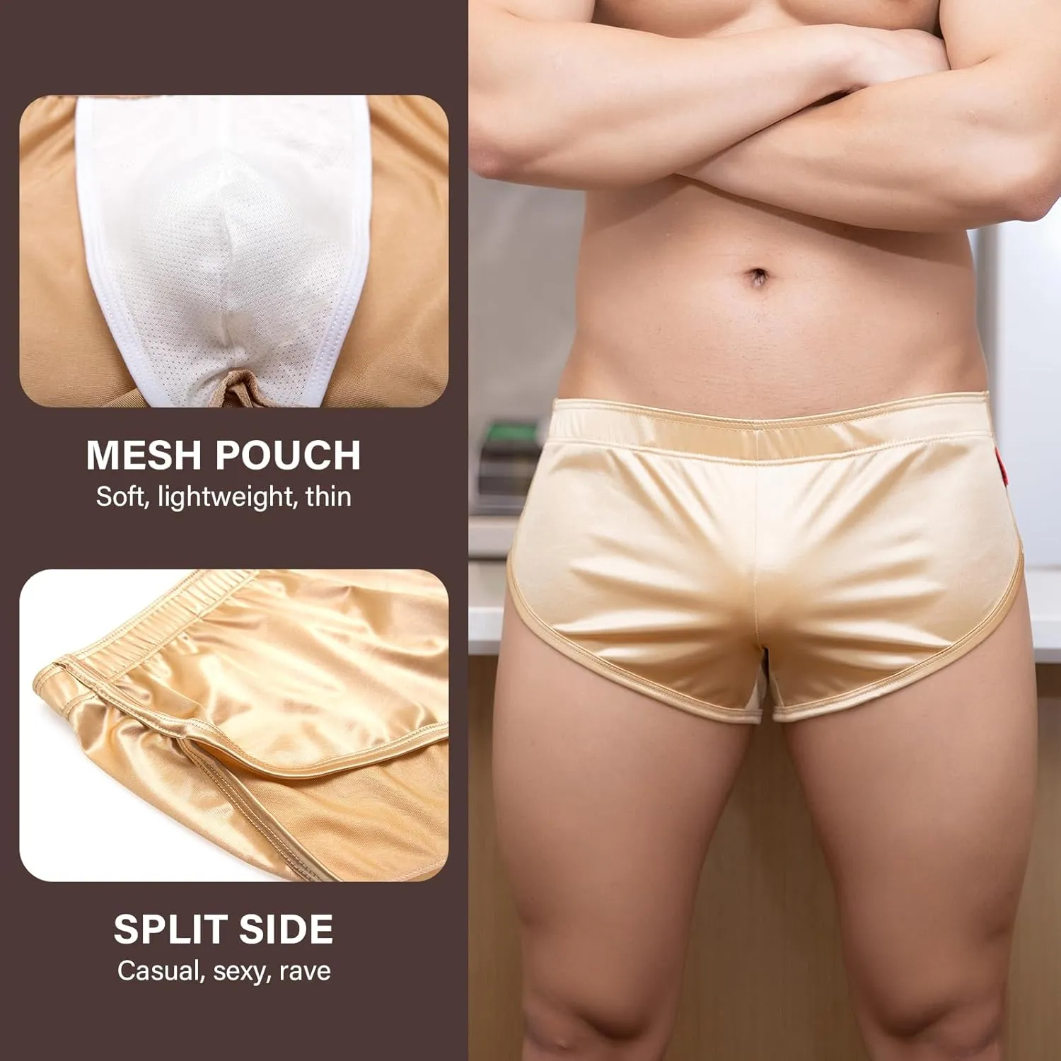 Mens Satin Boxer Briefs Silk Boxers with Pouch Lounge Shorts Split Side Pajama Bottoms Running Sweatshorts