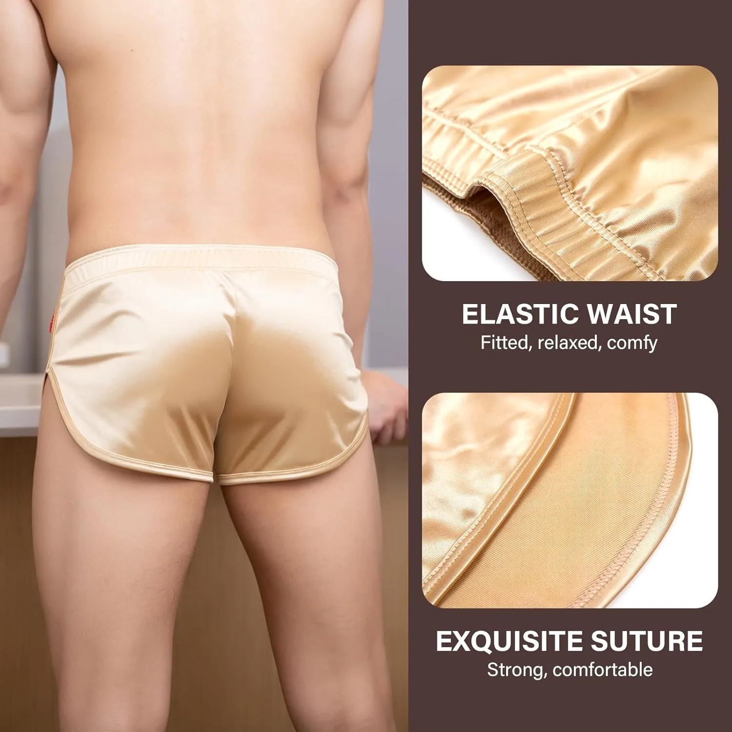 Mens Satin Boxer Briefs Silk Boxers with Pouch Lounge Shorts Split Side Pajama Bottoms Running Sweatshorts