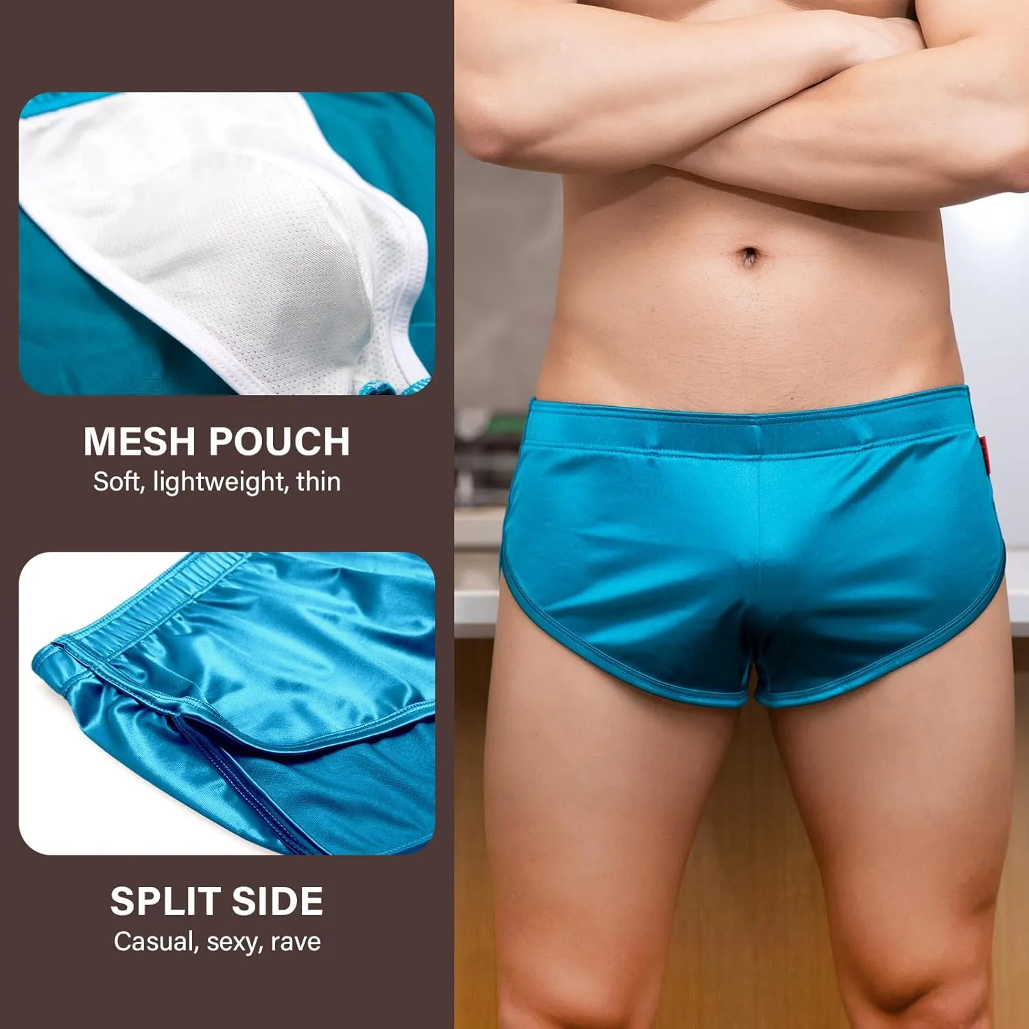 Mens Satin Boxer Briefs Silk Boxers with Pouch Lounge Shorts Split Side Pajama Bottoms Running Sweatshorts
