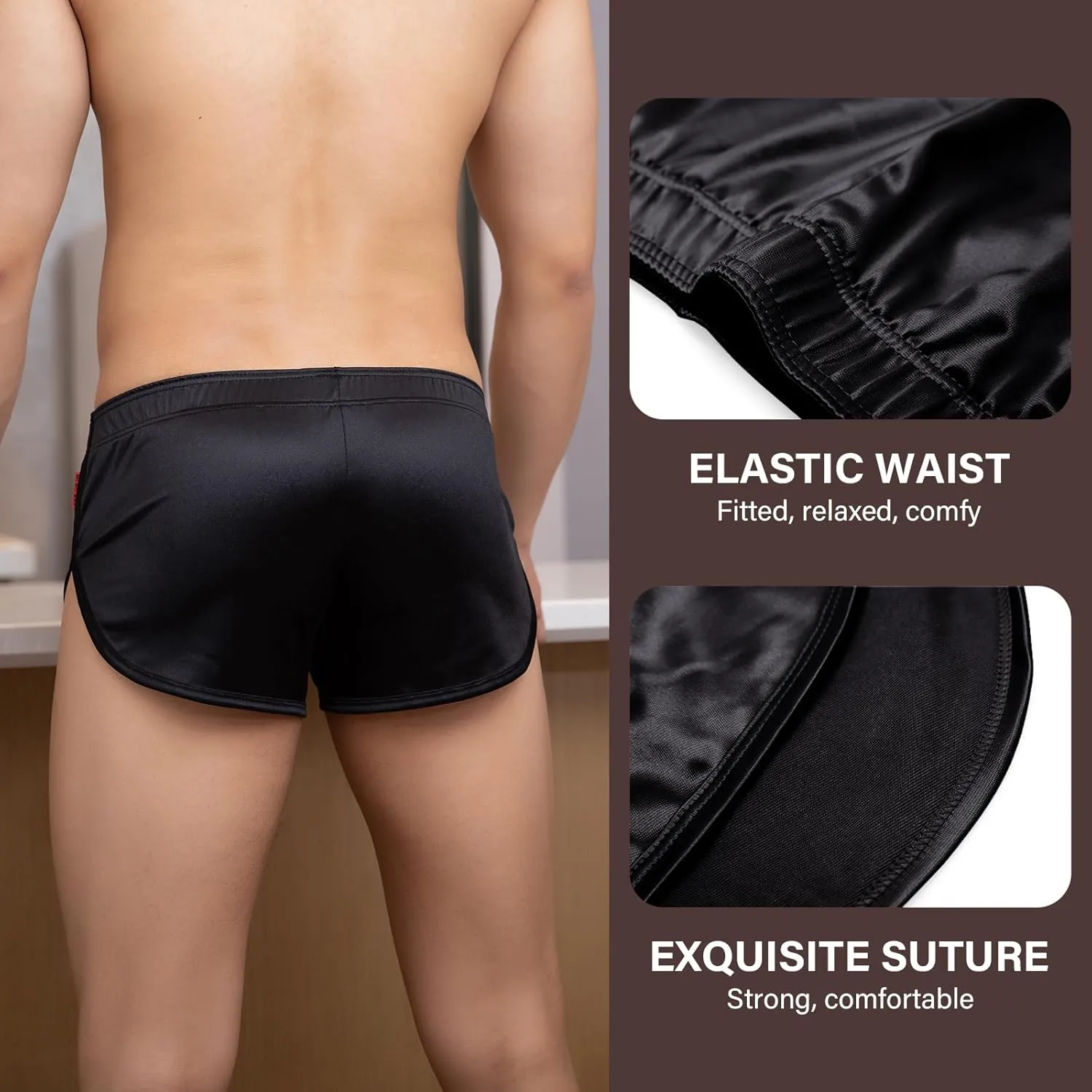 Mens Satin Boxer Briefs Silk Boxers with Pouch Lounge Shorts Split Side Pajama Bottoms Running Sweatshorts