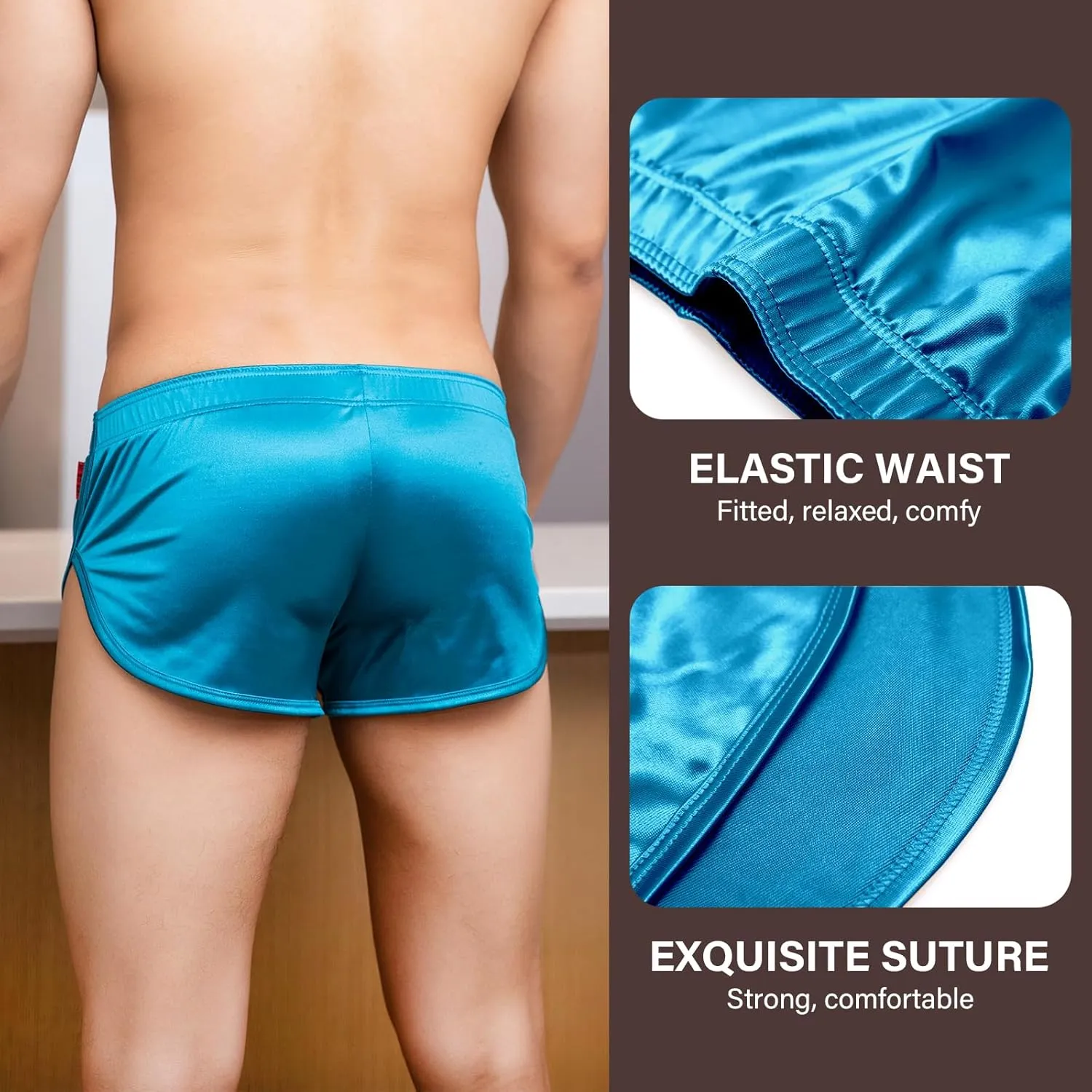 Mens Satin Boxer Briefs Silk Boxers with Pouch Lounge Shorts Split Side Pajama Bottoms Running Sweatshorts