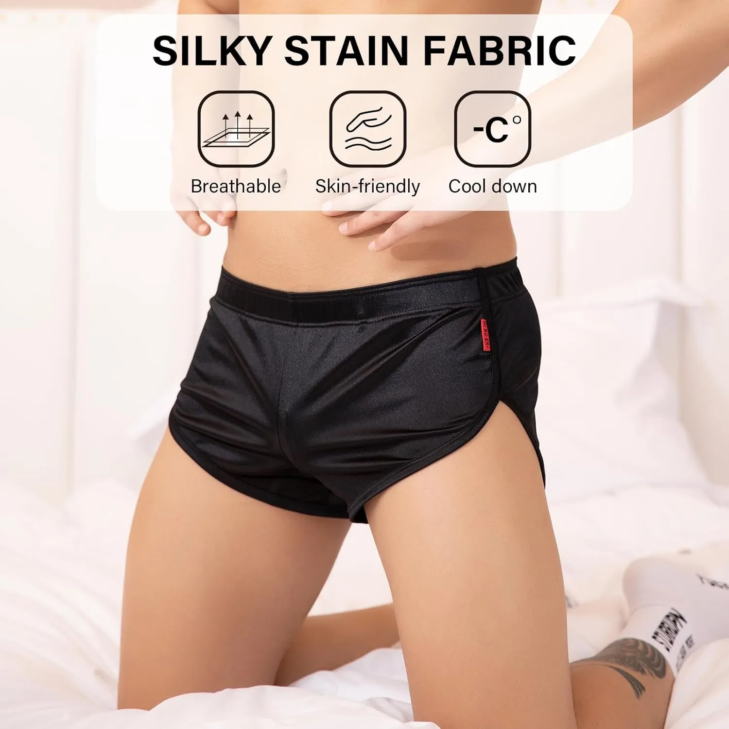 Mens Satin Boxer Briefs Silk Boxers with Pouch Lounge Shorts Split Side Pajama Bottoms Running Sweatshorts