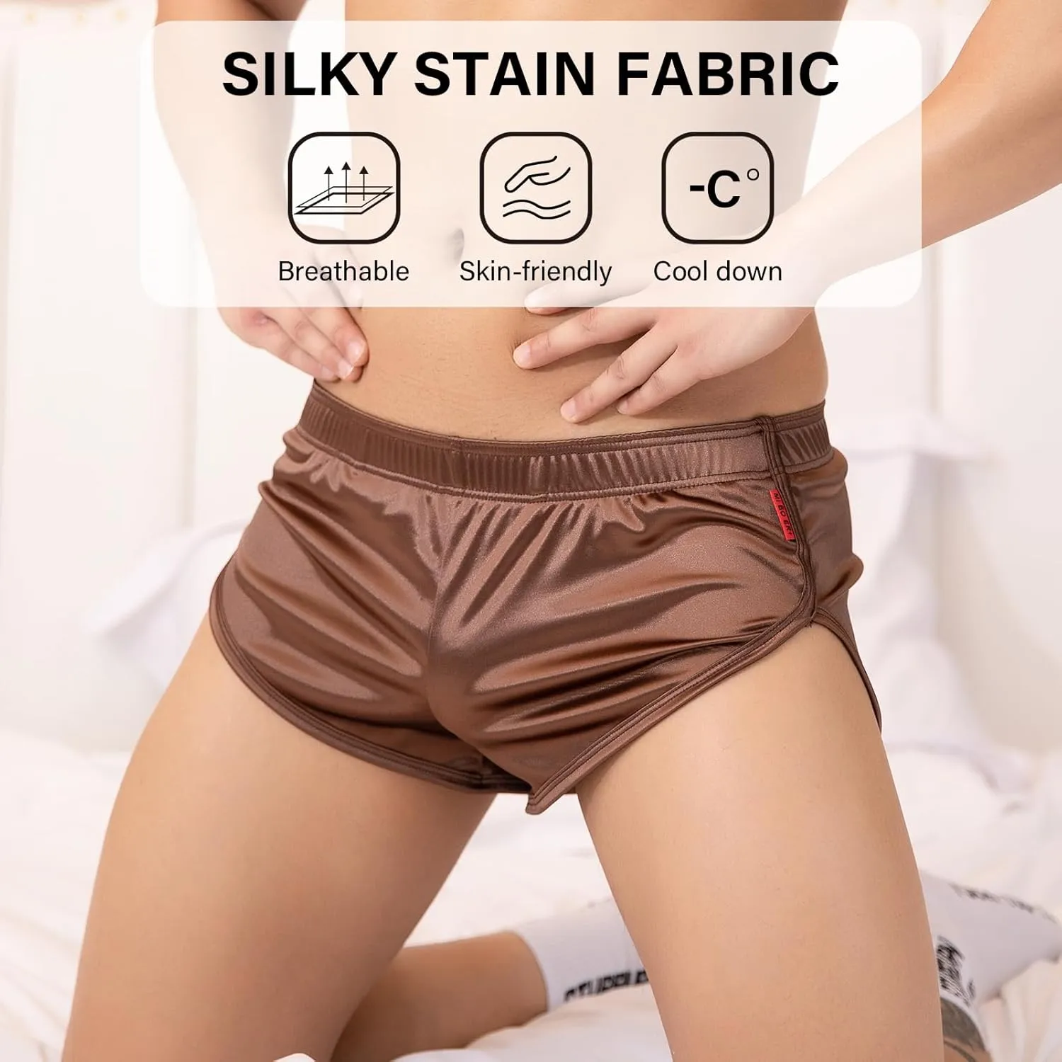 Mens Satin Boxer Briefs Silk Boxers with Pouch Lounge Shorts Split Side Pajama Bottoms Running Sweatshorts