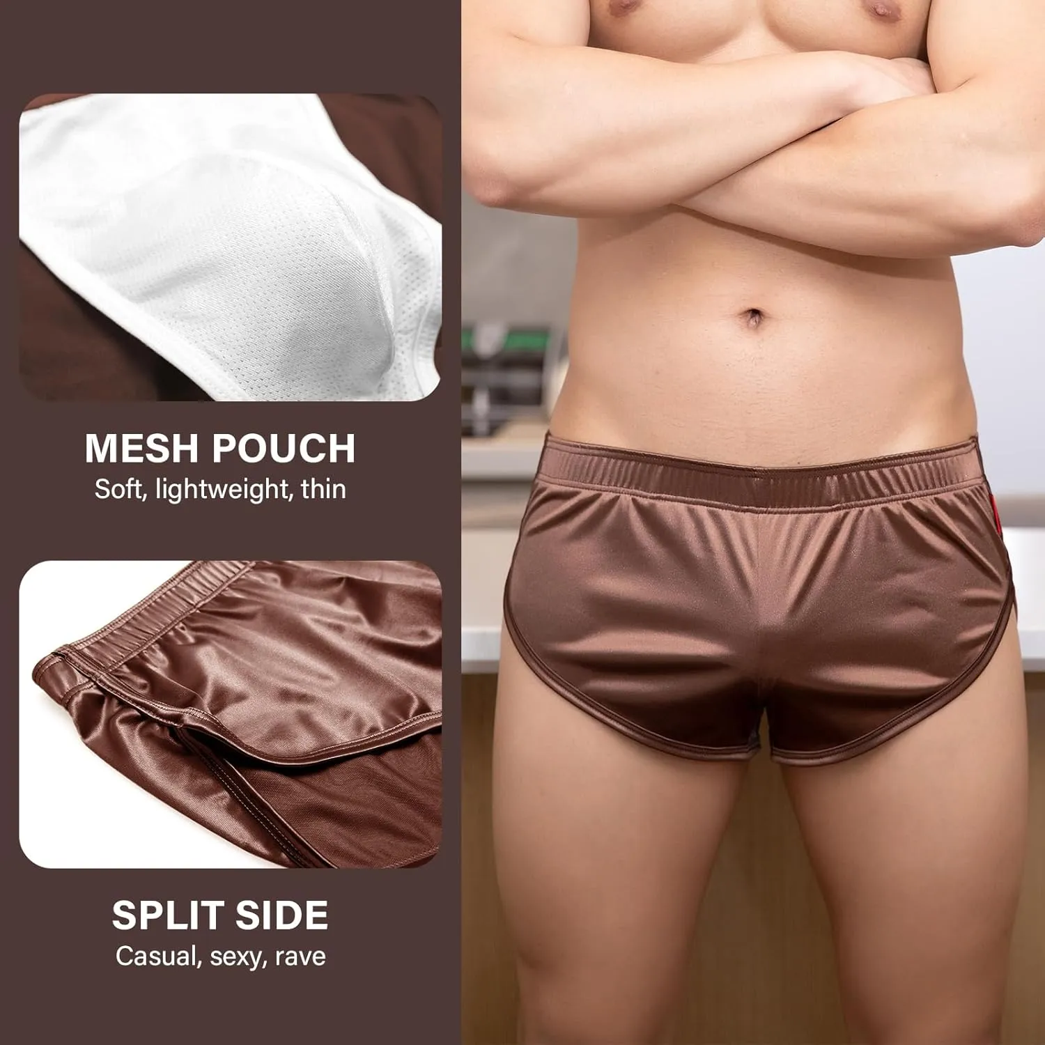 Mens Satin Boxer Briefs Silk Boxers with Pouch Lounge Shorts Split Side Pajama Bottoms Running Sweatshorts