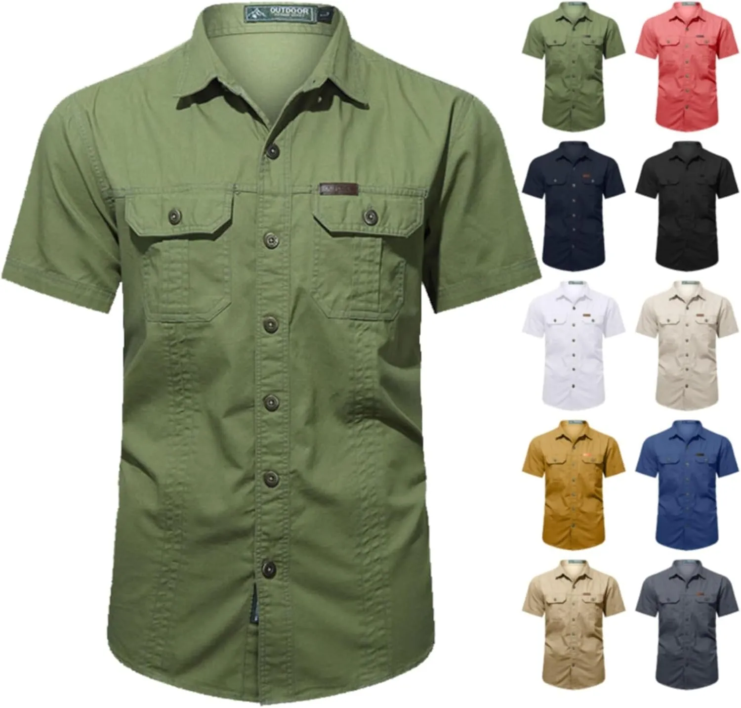 Mens Short Sleeve Cargo Work Shirt Button Down Cotton Dress Shirt Utility Outdoor Military Workout Hiking T Shirts