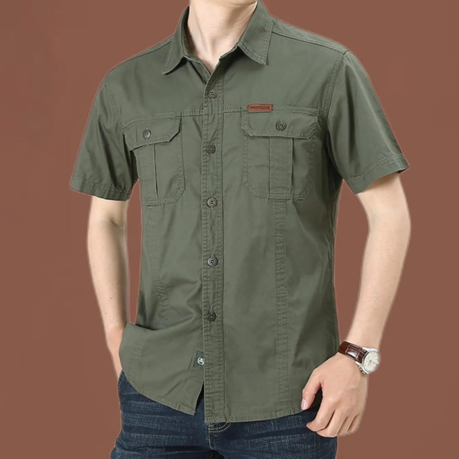 Mens Short Sleeve Cargo Work Shirt Button Down Cotton Dress Shirt Utility Outdoor Military Workout Hiking T Shirts