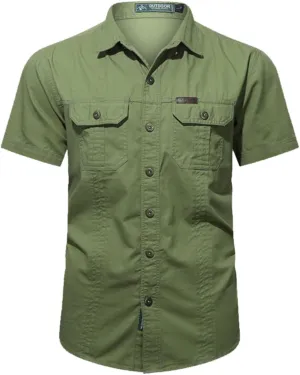 Mens Short Sleeve Cargo Work Shirt Button Down Cotton Dress Shirt Utility Outdoor Military Workout Hiking T Shirts