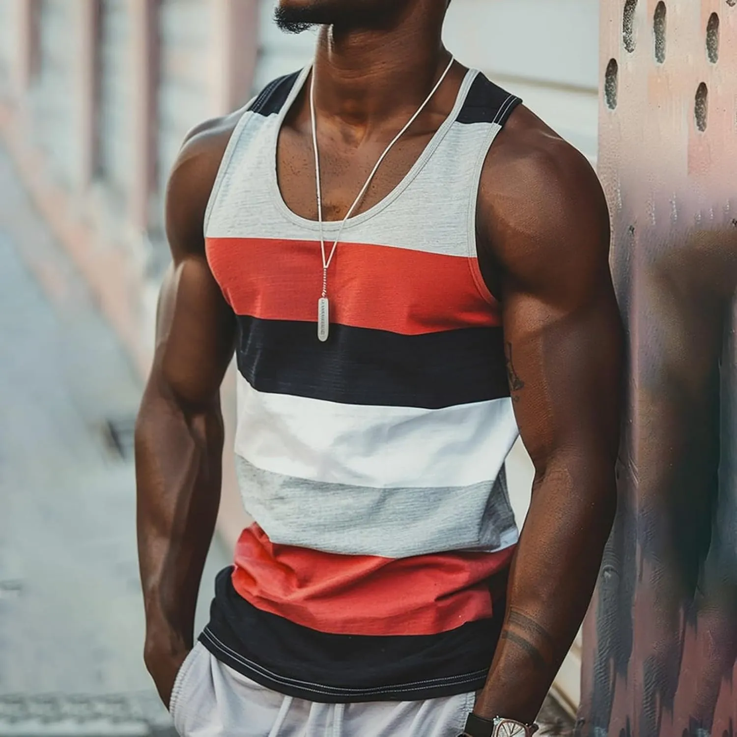 Men's Sleeveless Tank Top Stylish Color Stripes Scoop Neck Summer Beach Vest Muscle Fit Workout Gym Undershirts Tees