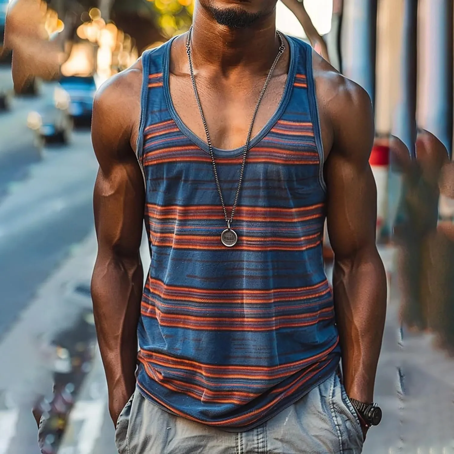 Men's Sleeveless Tank Top Stylish Color Stripes Scoop Neck Summer Beach Vest Muscle Fit Workout Gym Undershirts Tees